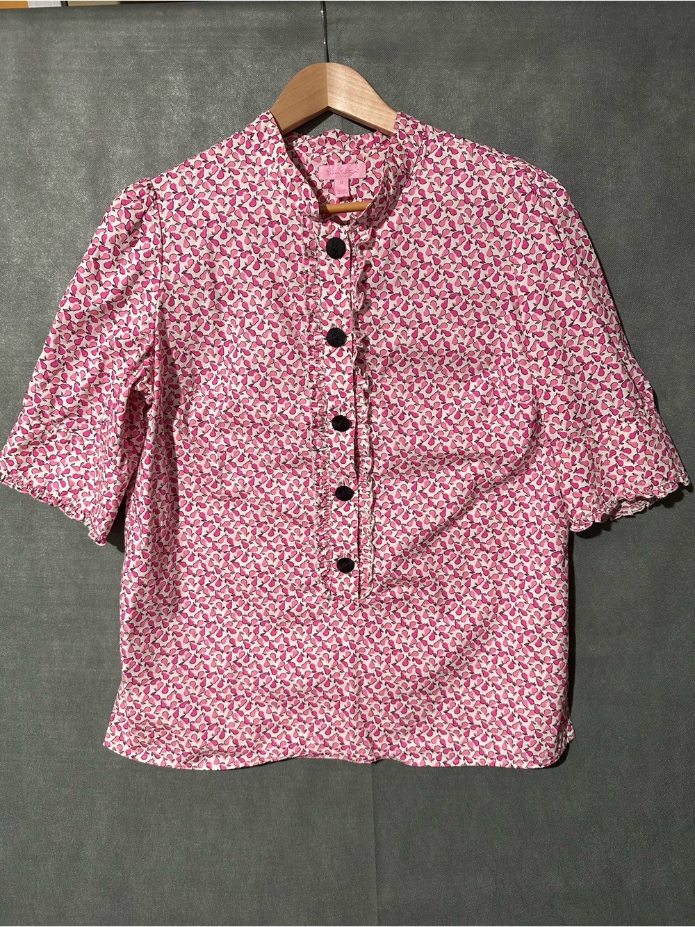 Lilly Pulitzer Pink Pear Ruffle Button Down Top Size 12